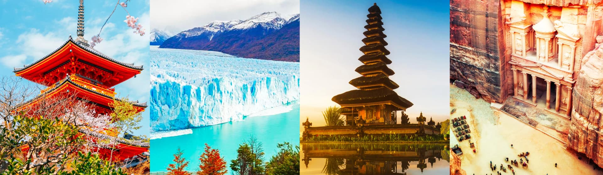 Best places to visit in November 2025 collage featuring autumn foliage at Chureito Pagoda Japan, Perito Moreno glacier in Patagonia Argentina, traditional tiered temple at Pura Ulun Danu Bratan Bali Indonesia, and ancient Treasury building at Petra Jordan showcasing diverse November travel destinations with ideal weather conditions