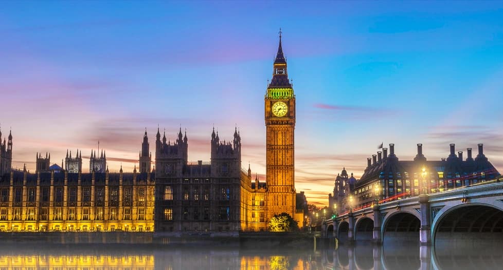 London skyline featuring iconic landmarks like Big Ben, Tower Bridge and Thames River with historic architecture and modern cityscape