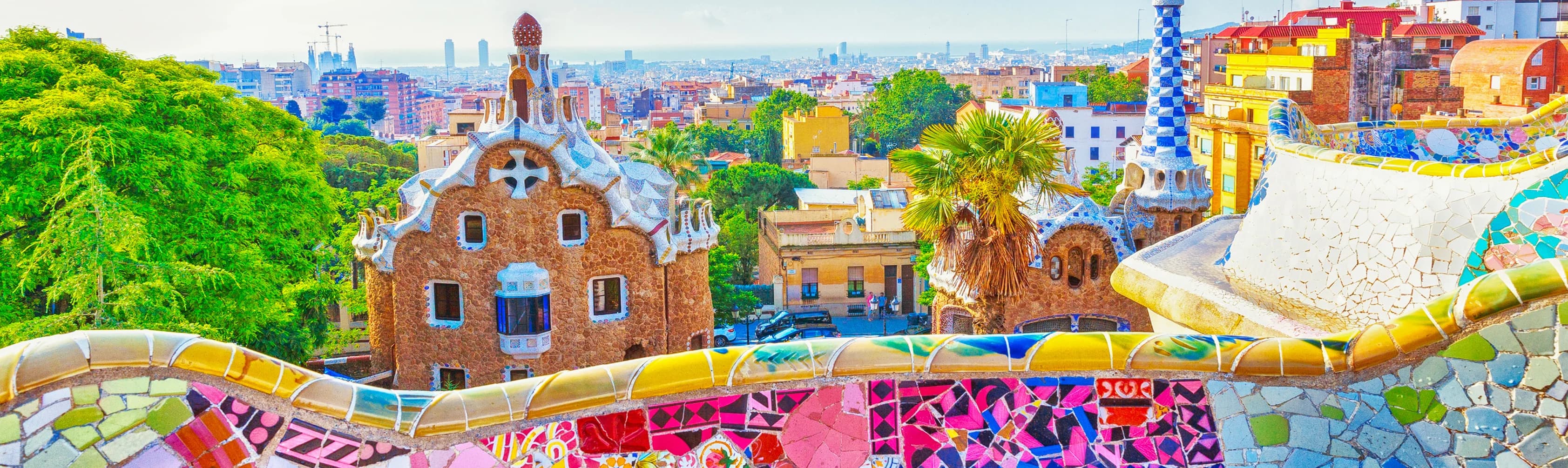 Park Güell Barcelona Spain 2025 - Gaudí mosaic architecture, city panoramic views, best hotels Barcelona