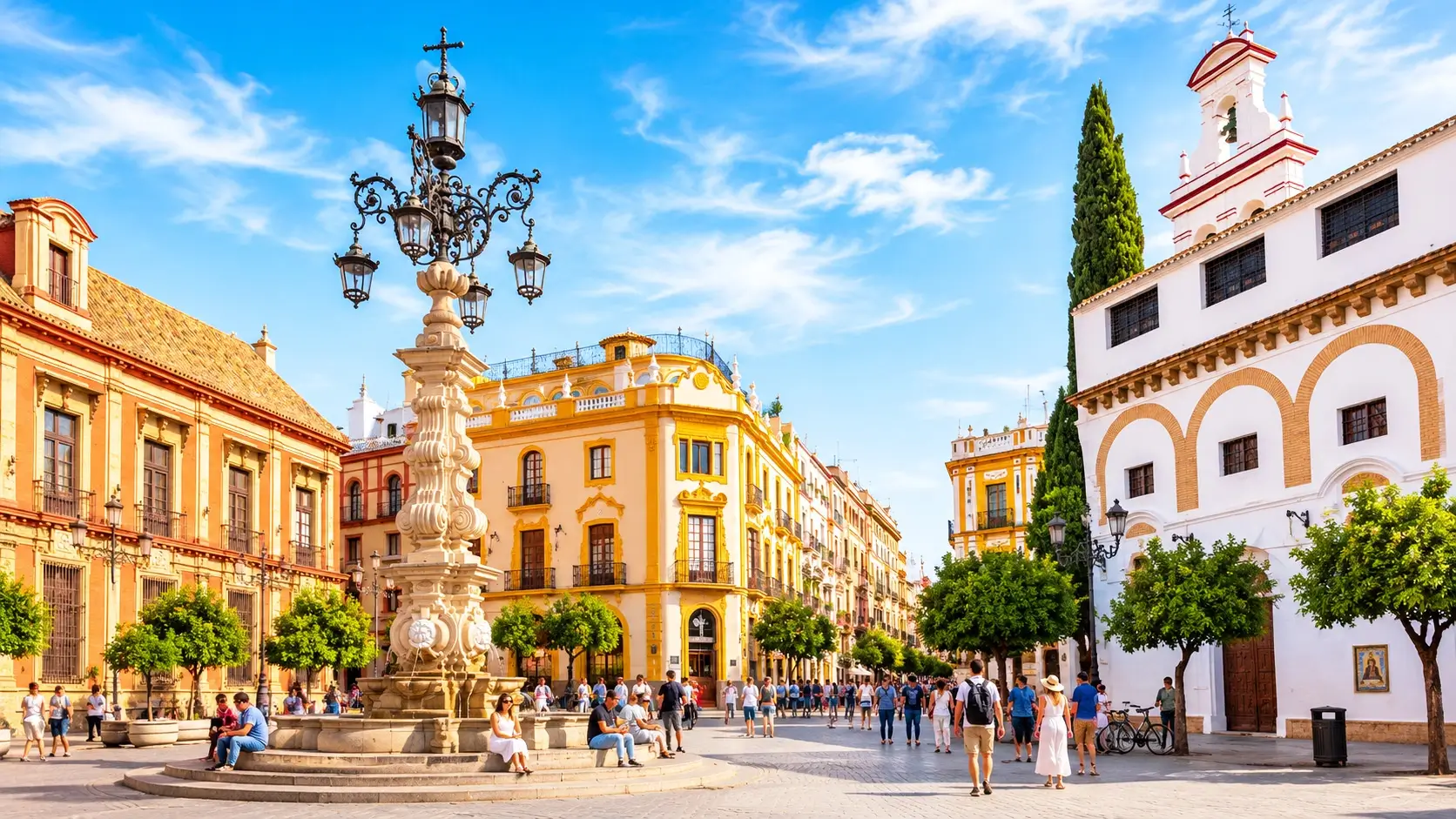 Where to stay in Seville 2026: Barrio Santa Cruz neighborhood with whitewashed houses, flower-filled balconies, narrow cobblestone alleys lined with orange trees, and boutique hotels from €80/night walking distance to Real Alcazar and Seville Cathedral