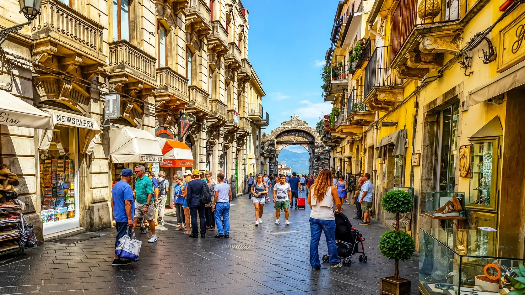 Taormina Centro where to stay 2026 - pedestrianized Corso Umberto I main street with boutique hotels €180-3,500 per night, San Domenico Palace White Lotus filming location, Ancient Greek Theatre walking distance, Mount Etna views, evening passeggiata atmosphere, best neighborhood for first-time visitors