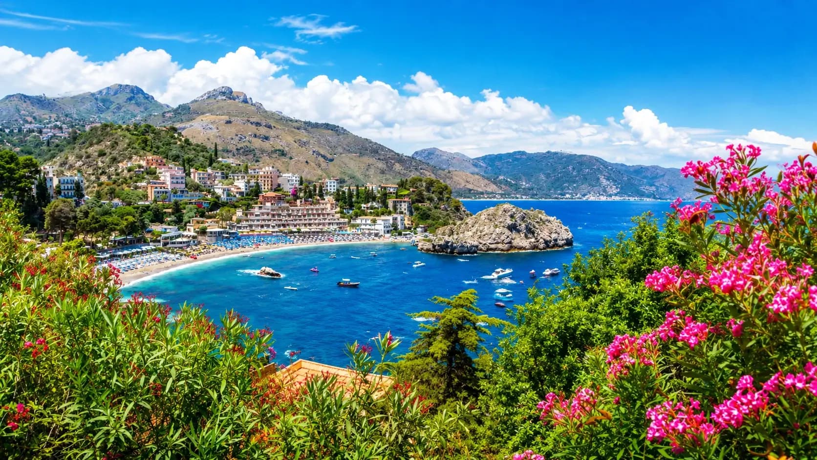 Mazzaro beach Taormina hotels 2026 - crystal-clear turquoise Ionian Sea waters, Isola Bella nature reserve pebble beach, luxury beachfront resorts €200-700 per night, Taormina cable car funivia 3-minute ride to Centro, best area for beach lovers and couples seeking Mediterranean swimming